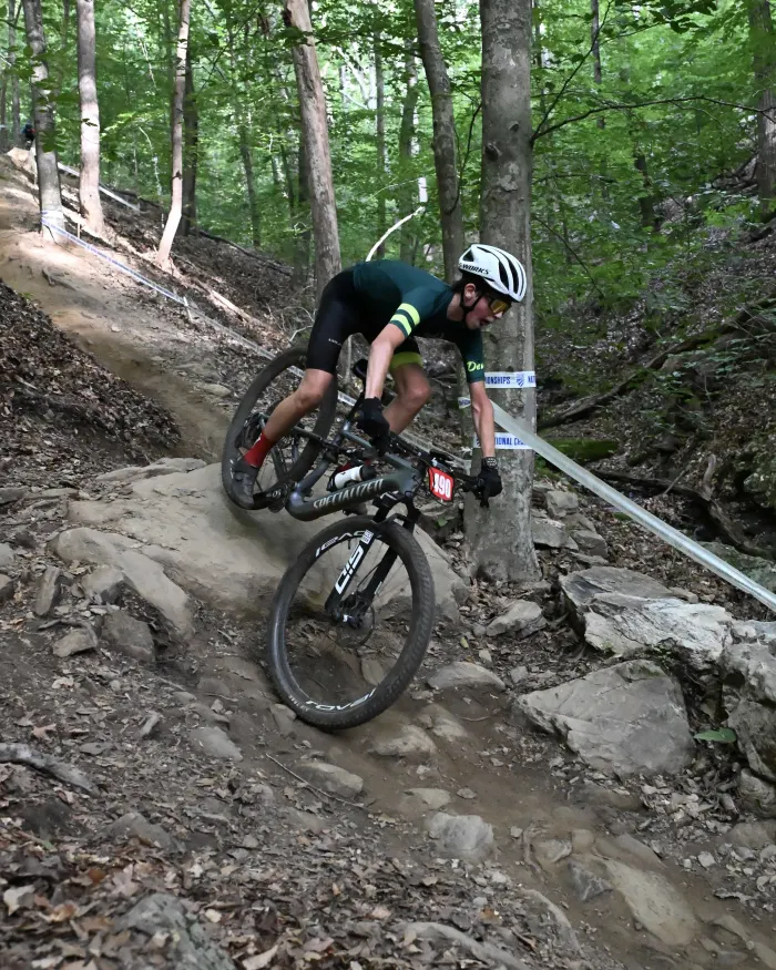 Rider descending a rock garden